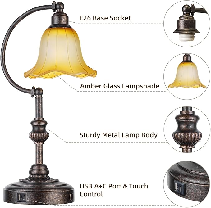 RORIA Touch Farmhouse Table Lamp for Living Room, 3-Way Dimmable Rustic Nightstand Lamp with USB A+C Ports, Vintage Retro Lamp for Bedroom End Table with Amber Glass Shade, LED Bulb Included (Bronze)