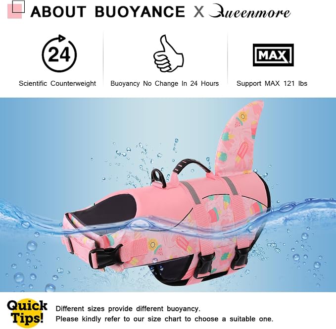 Dog Life Jacket High Flotation, Reflective Dog Life Vests for Swimming, Adjustable Dog Life Preserver Rescue Handle Spring Summer Pool for Small, Medium, Large Dogs (Pink Ice Cream,M)