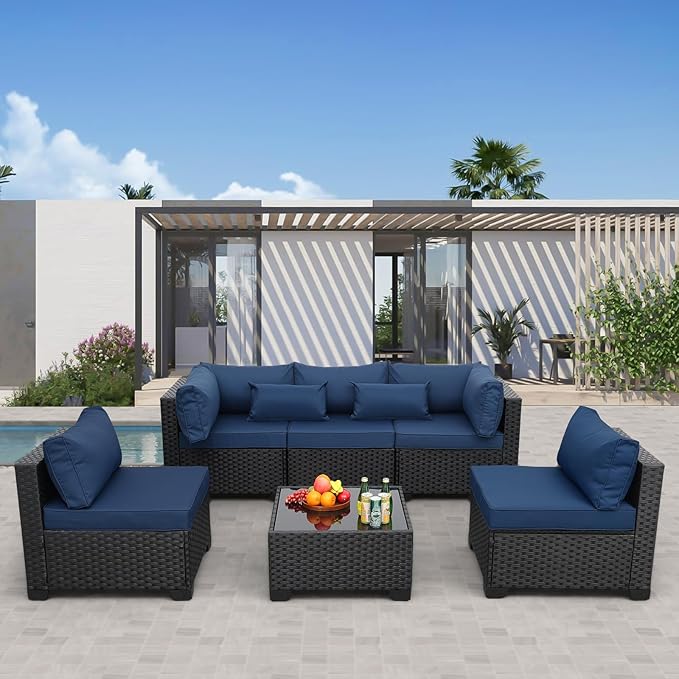 Patio Sectional 6 Pieces All-Weather Wicker Patio Furniture Set Outdoor Sectional with Glass Patio Table Non-Slip Cushions and Waterproof Covers, Navy Blue