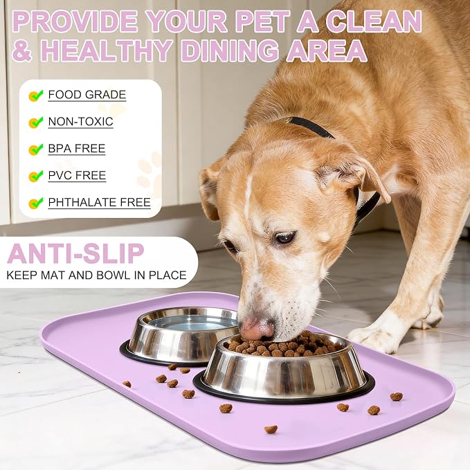 SMILOOL Waterproof Silicone Pet Food Mat with Raised Edge for Dog & Cat | 24" x 16" Non-Slip Pet Feeding Mats with Lip for Food & Water Bowl, Food Grade, Easy Cleaning, Lavender