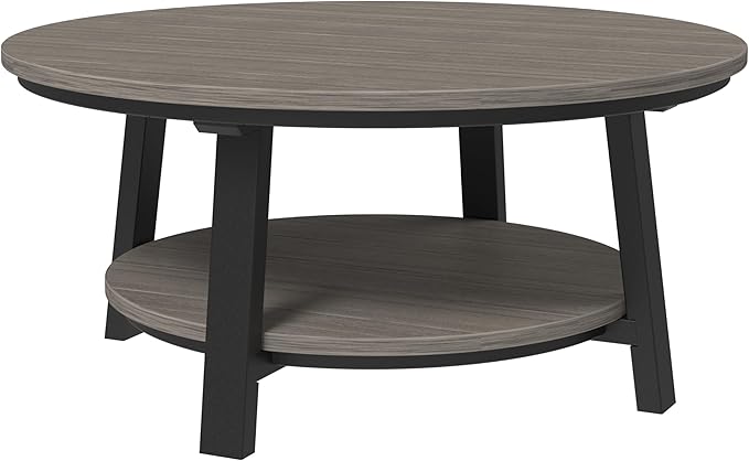 LuxCraft Deluxe Poly Round Outdoor Coffee Table, Two Tier Coffee Table, Round Conversation Tables for Outside Patio with Lower Shelf - Amish Made in USA (Coastal Gray & Black)
