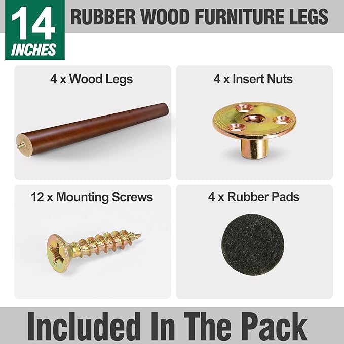 FoDau770 Brown Rubber Wood Furniture Legs 14 Inches, Slant Tapered Wood Feet Mid Century Sofa Legs Set of 4, 5/16" UNC Furniture Feet Replacement Parts for Cabinet Couch Dresser Chair Ottoman Table