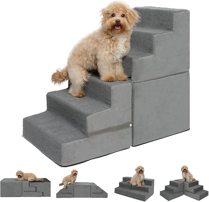 Dog Stairs for Small Dogs, 6-Step Dog Steps for High Bed, High-Density Foam Pet Stairs with Non-Slip Removable Washable Cover to Get on Bed