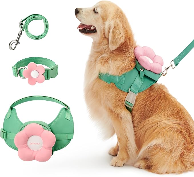 VETRESKA Flora Dog Harness, Leash and Collar Set, No Pull Dog Vest Harness for Walking and Training, Adjustable, Easy Control and Soft Padded Pet Harness and Backpack for Small Medium Large Dogs, L