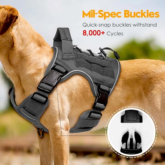 Heavy-Duty Tactical Dog Harness for Large Dogs, No Pull Adjustable Reflective Pet Vest with Molle System, K9 Military-Grade Control for Service Training, Outdoor & 10+ Breeds, Gray, Medium