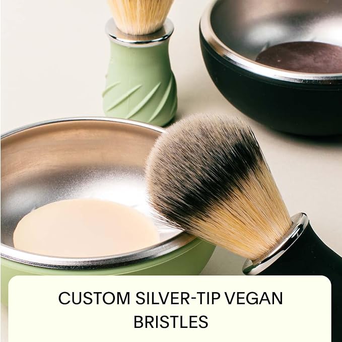 Leaf Shave Leaf Bowl and Brush Set - Grooming Bowl & Lather Brush, Black | Stainless steel and silicone, compatible with shave soap bars and refills