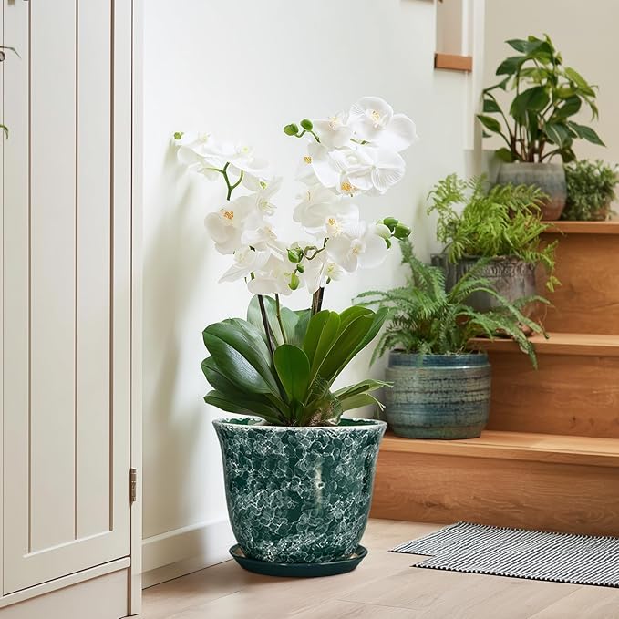 Ceramic Plant Pots - 10 Inch Plant Pot for Indoor Outdoor, Round Planter with Drainage Hole and Tray, Decorative Flower Pots, Modern Planters, Home Patio Garden Decor, Garden Gifts, Green