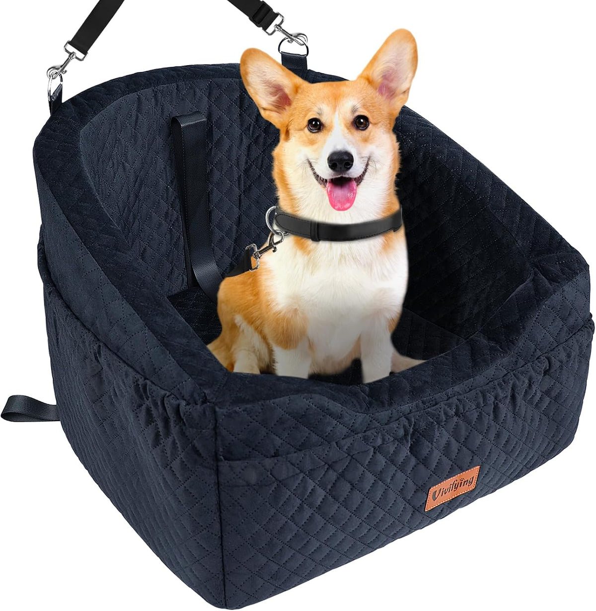 Vivifying Dog Car Seat for Small & Medium Dogs, Detachable & Washable Booster Seat for Pets Up to 30lbs, Travel Bed with Storage Pockets and Safety Belt – Black