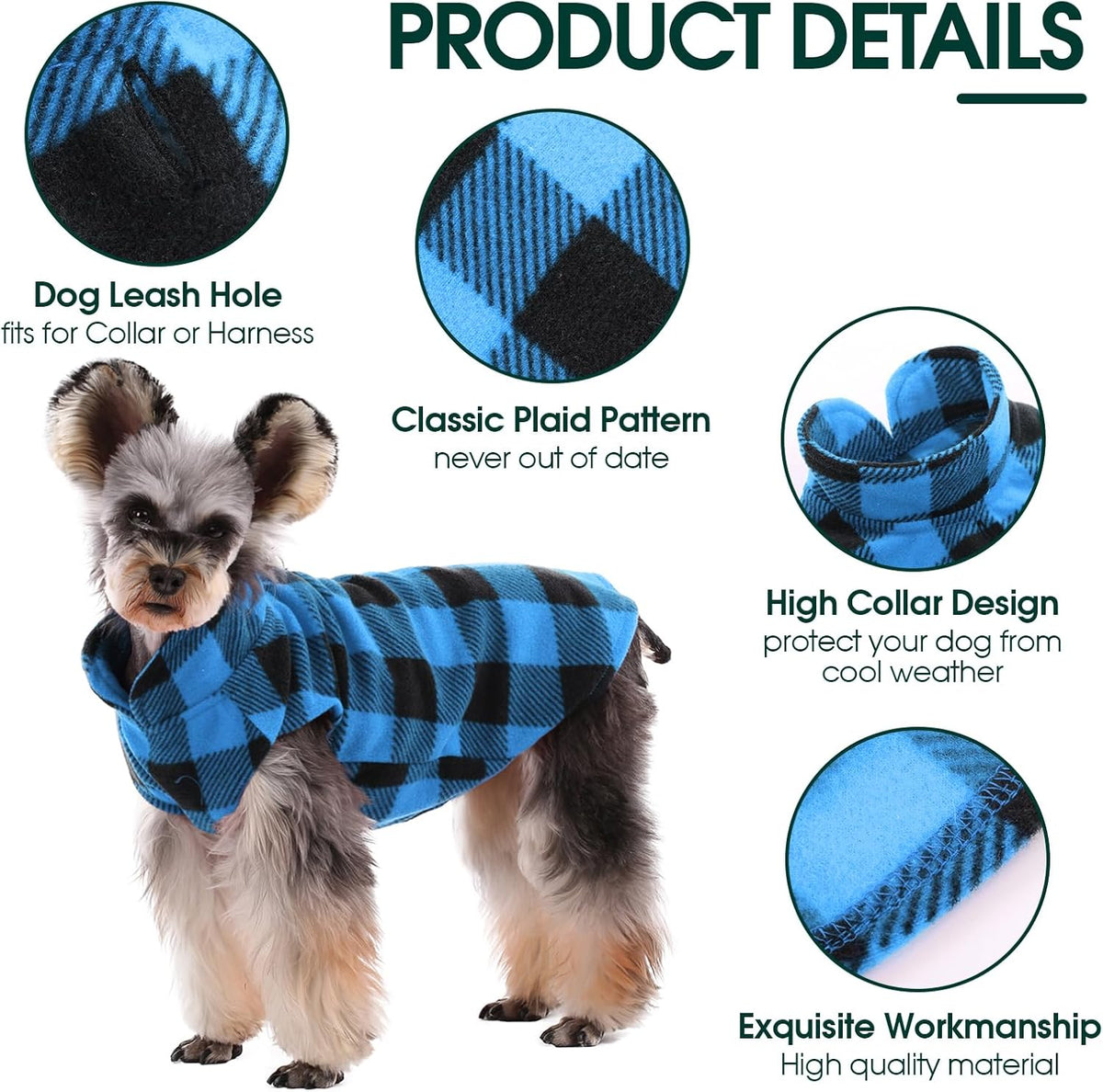 Kuoser Dog Fleece Vest,Warm Plaid Dog Sweater with Leash Hole,Soft Turtleneck Winter Pet Jacket Dogs Coat Pullover Clothes for Small Medium Dogs Cats,Spring Fall Cold Weather Christmas Outfit,Blue M