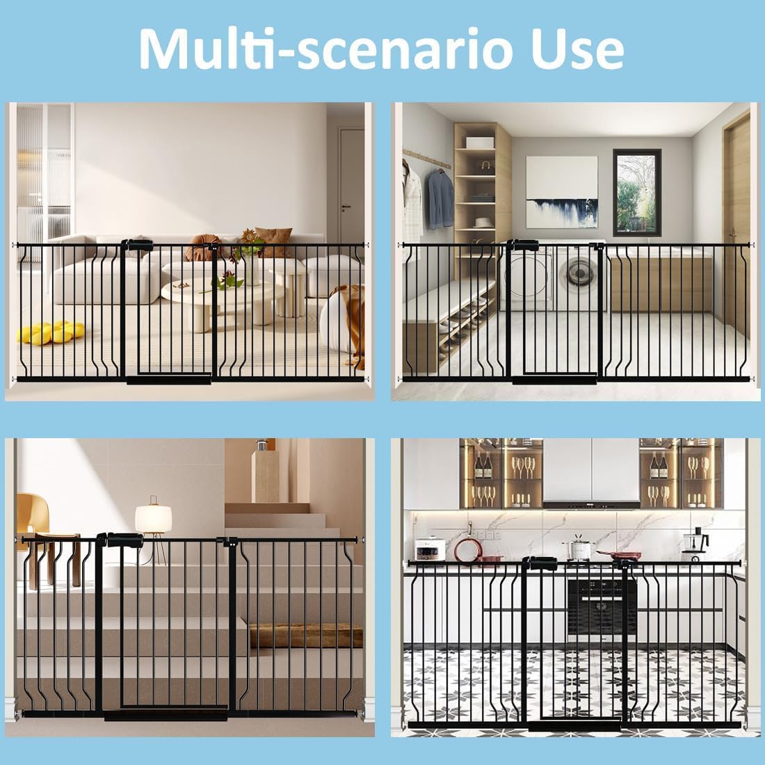62.2"-71.65" Extra Wide Auto Closing Baby Safety Gate for Stairs & Doorways, Pressure Mounted No Drill Pet Gate with Walk-Through Door - Heavy Duty Childproof Gate for Toddlers, Kids, Dogs (Black)