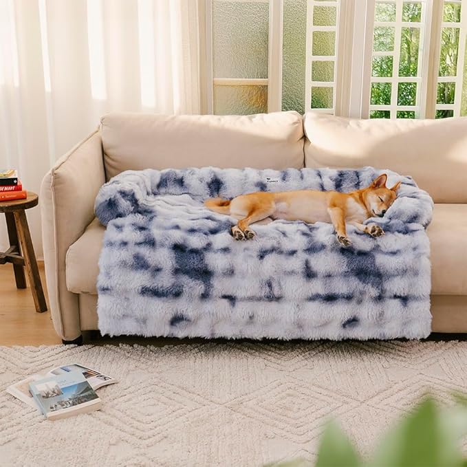 FUNNY FUZZY Pet Fluffy Plush Calming Dog Couch Bed Sofa Protector Washable Pets Mat for Large Medium Small Dogs and Cats (Tie-dye Blue,47.24 × 37.4 × 6.3 in)