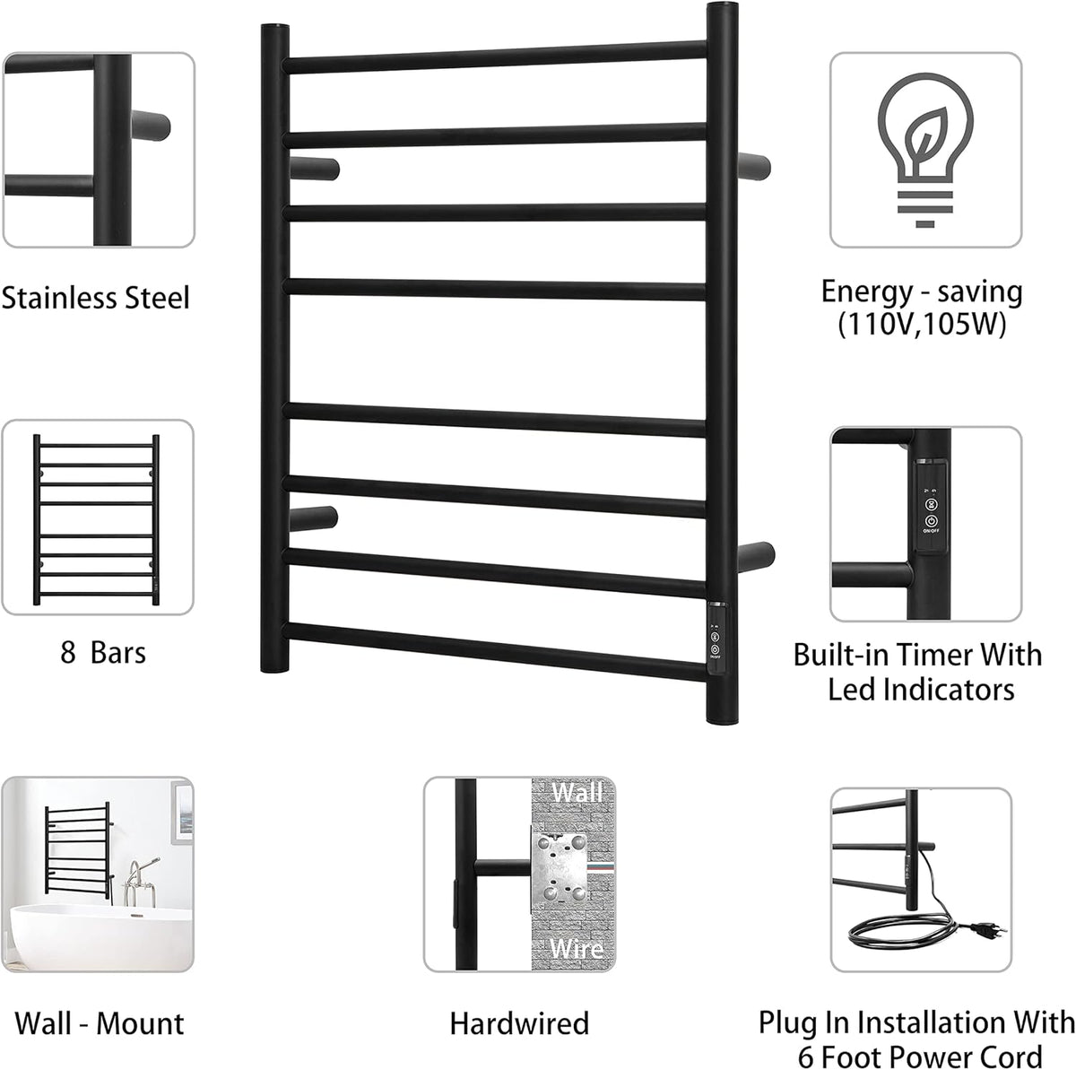 KEG Towel Warmer Wall Mounted with Built-in Timer 8 Bars Electric Stainless Steel Heated Towel Racks for Bathroom, Hot Plug-in Bath Towel Heater Matte Black (TW-8-MB)