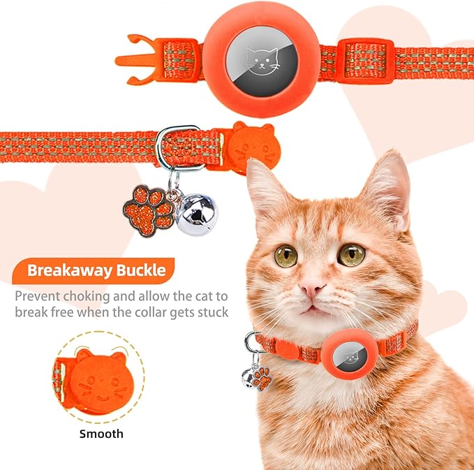 PUPTECK Airtag Cat Collar Breakaway 2 Pack with Bells, Reflective Kitten Collar with Air Tag Holder for Boy Girl Kitty and Puppies, Soft, Orange & Purple