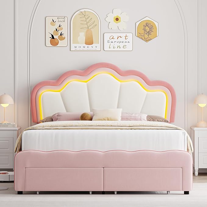 HOSTACK Full Upholstered LED Bed Frame with Storage Drawers, Cute Girls Bed with Adjustable Lotus Headboard, Velvet Princess Platform Bed Frame, Wooden Slats Support, No Box Spring Needed, Pink/Beige