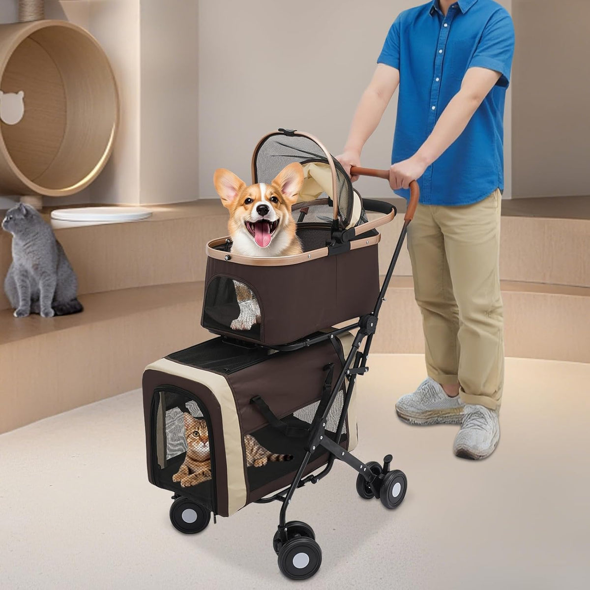 Double Pet Stroller with Detachable Carriers, Large Cat & Dog Stroller with 4 Wheels, Foldable Pet Strollers Small & Medium Dogs Cats 77lbs (Coffee Color)