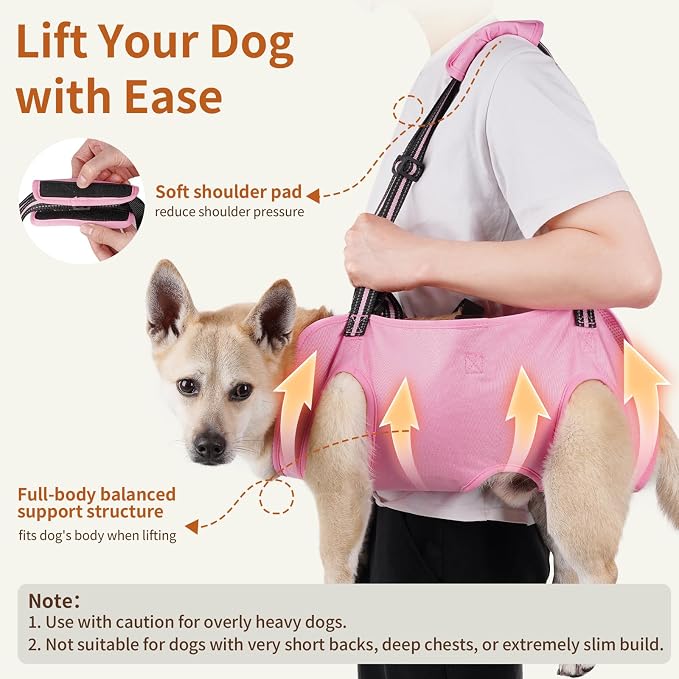 Full Body Dog Lift Harness, Support Senior & Disabled Dogs Walking | Help Up & Down Stairs Grooming, Dog Sling Backpack, Front Hind Leg Joint Injuries, Reflective, Soft Padded Handle | Pink, M