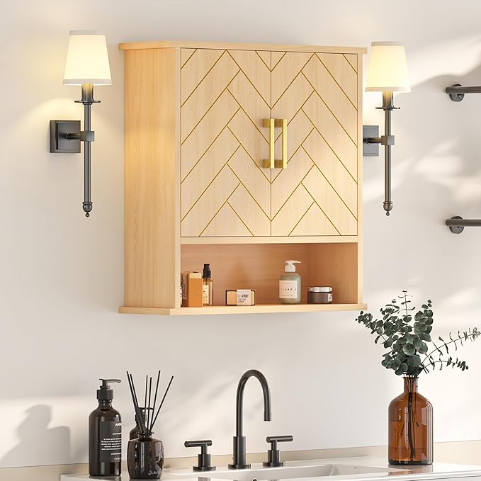 Natural Chevron Pattern Bathroom Wall Mount Cabinet, Over The Toilet Storage