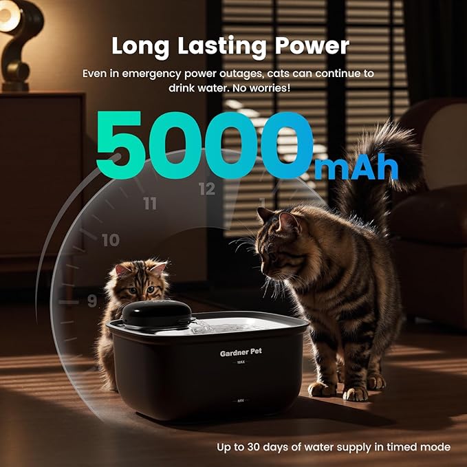 Gardner Pet Wireless Cat Water Fountain Stainless Steel Tray, 3.78L Cat Fountain Battery Operated, Cordless Pet Water Fountain for Cats & Dogs with Motion Sensor, Temperature Display - 1 Gallon