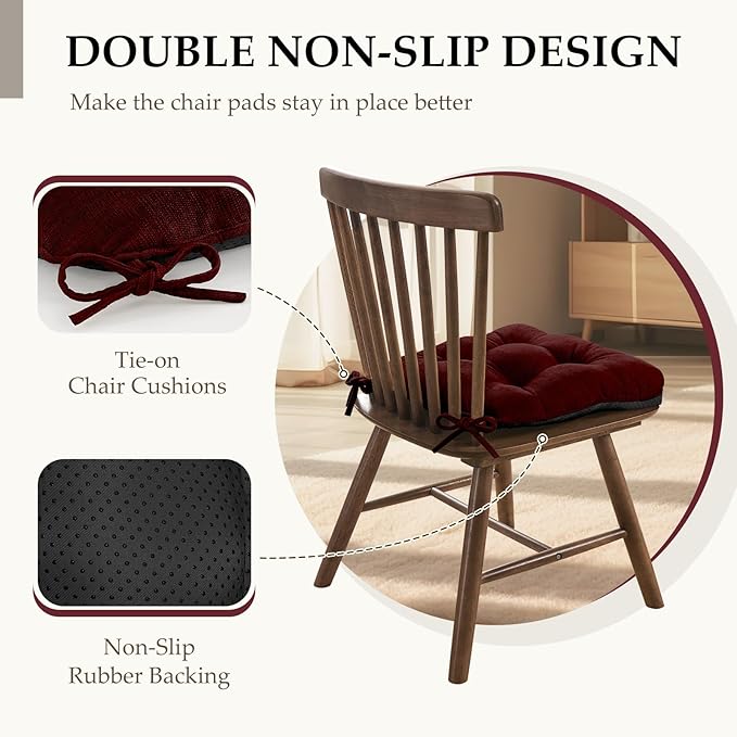 HARBOREST Chair Cushions for Dining Chairs Set of 4 - Chenille Tufted Kitchen Chair Cushions with Ties and Non-Slip Bottom, Foam Chair Pads for Dining Chairs, 17" x 17", Burgundy