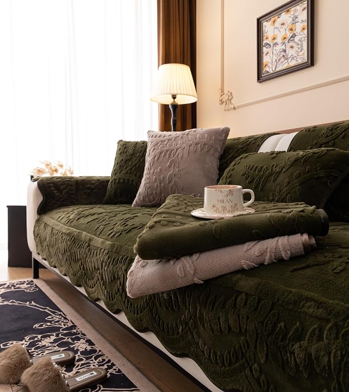 Green Fuzzy Rabbit Plush Sofa Cover Cozy Warm Sofa Couch Covers with 3D Jacquard Leaf Pattern Non-Slip Easy-to-Install Shaggy Sofa Slipcover Prefect for Kids Dogs Cats Cats(Green,36"x47")