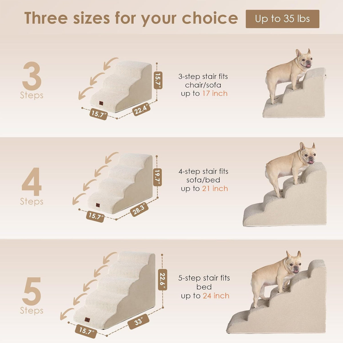 EHEYCIGA Curved Dog Stairs Ramp for High Beds 22.6" H, 5-Step Dog Steps for Small Dogs and Cats, Pet Stairs for High Bed Climbing, Non-Slip Balanced Pet Step Indoor, Beige