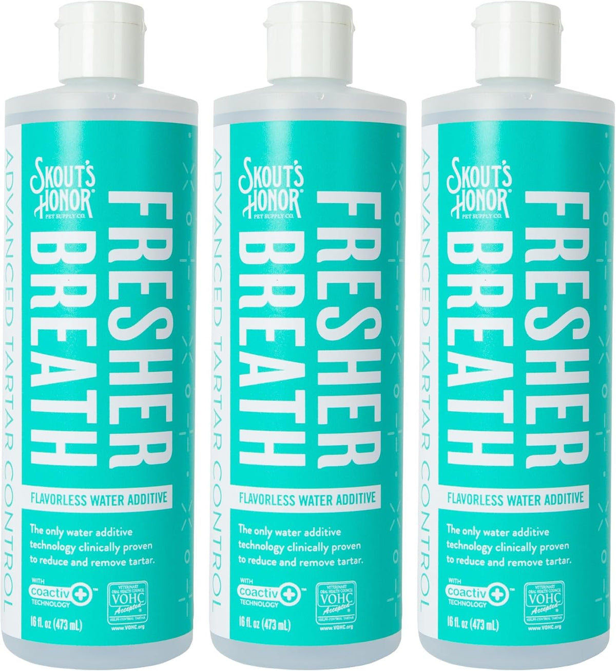 SKOUT'S HONOR Fresher Breath Water Additive for Pets - VOHC Accepted for Tartar Control, Freshens Breath Fast, No Brushing Required: Fresh & Flavorless 16oz - 3 Pack