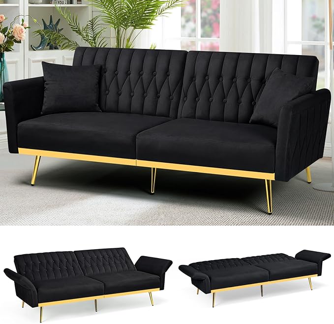 70” Velvet Futon Sofa Bed with 2 Pillows and Adjustable Armrests, Convertible Sleeper Bed W/Adjustable Backrests, Modern Loveseat for Living Room, Bedroom, Black