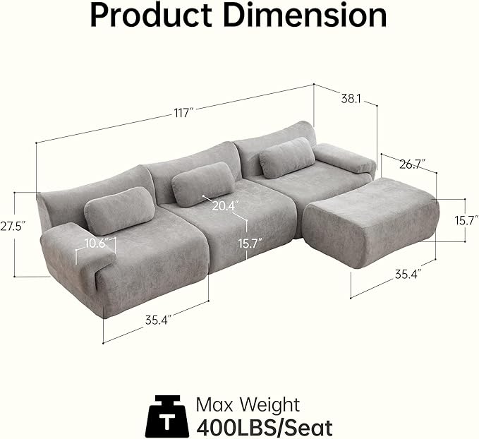117”L Shaped Modern Sofa Modular Sectional Cloud Couch with Ottoman,Oversized Boneless Sofa,3+1 Seater Chenille Deep-Seat Sofa with 3 Pillows,Suitable for Living Room or Bedroom (Grey)