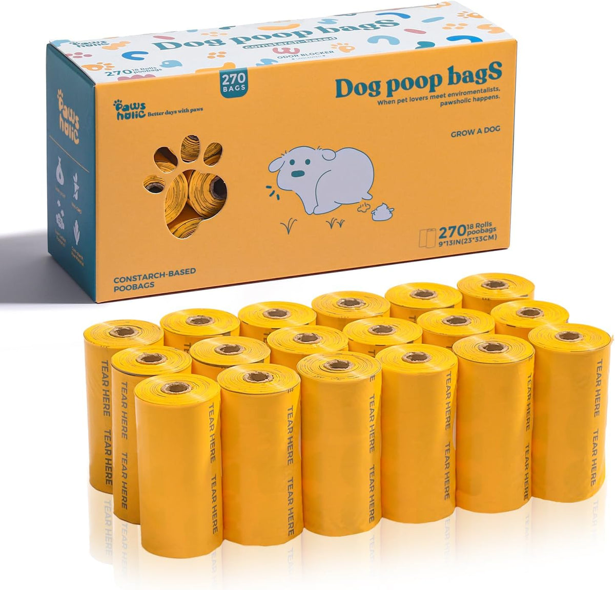 Dog Poop Bags Rolls Biodegradable 100% Leak Proof Thickened Dog Waste Bags -270 Count 18 Rolls - Cornstarch Based Doggie Poop Bag for Puppy and Big Dogs(Unscented)