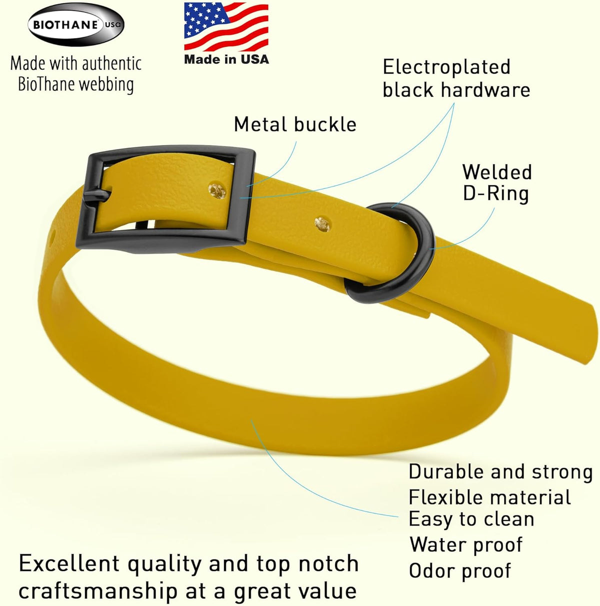 Dogline Biothane Waterproof Dog Collar Strong Coated Nylon Webbing with Black Hardware Odor- Proof for Easy Care Easy to Clean High Performance Fits Small Medium or Large Dogs, Treasure Gold