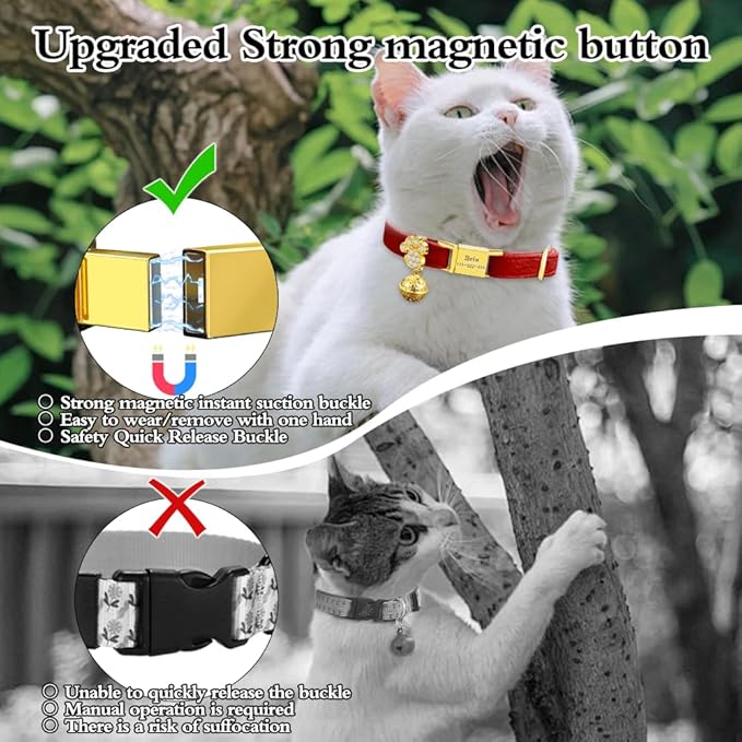 Personalized Breakaway Cat Collars - Magnetic Buckle, Bell - Safety Quick Release, Customized for Girls & Boys Cats- (Velvet-Red)