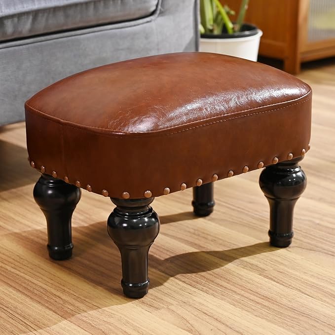 DSGAMER Leather Ottoman Footrest,Rustic Foot Stools Seat,Wood Footstool,Rectangle Footrest Small Ottoman for Bedroom,Living Room,Office,Entrance Hall (Brown)