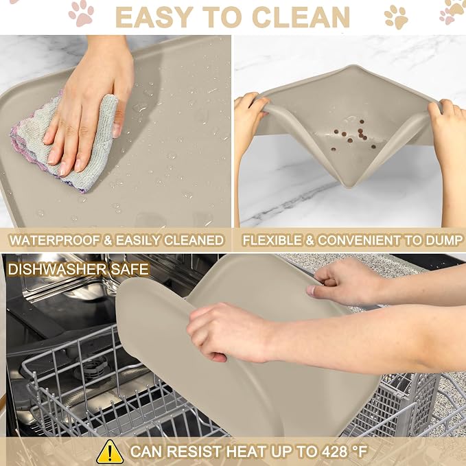 SMILOOL Waterproof Silicone Pet Food Mat with Raised Edge for Dog & Cat | 22" x 14" Non-Slip Pet Feeding Mats with Lip for Food & Water Bowl, Food Grade, Easy Cleaning, Beige