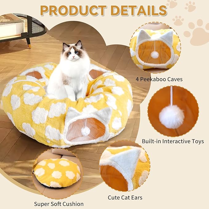 Donut Cat Tunnel Bed with 4 Peekaboo Holes, Multi-Cat Play Tube & Cozy Cave, Plush Indoor Kitten Toy Tent, Machine Washable and Collapsible