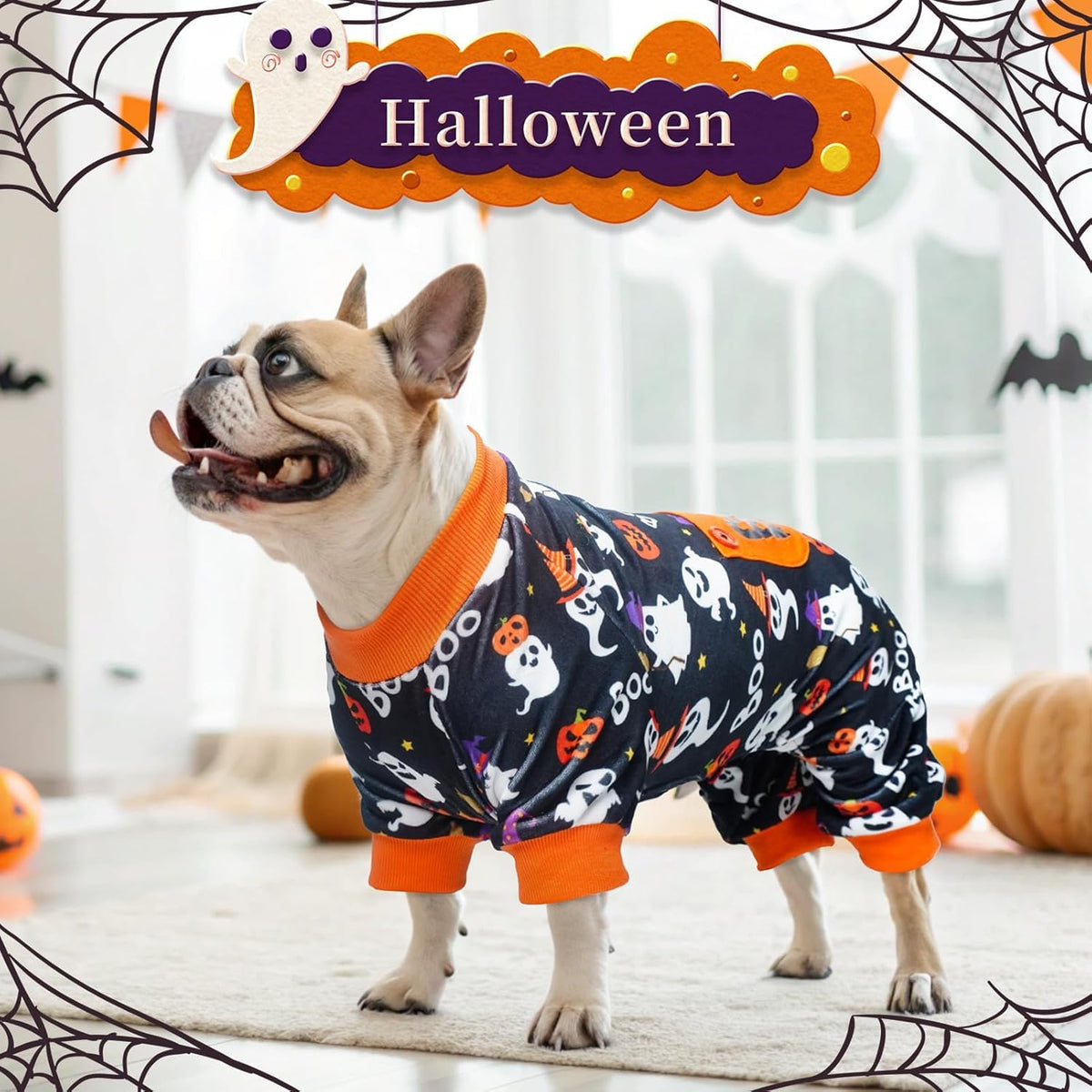 BEAUTYZOO Dog Halloween Pajamas Large Sized Dog, Fleece Funny Ghost Pumpkin Costumes for Dogs, Soft Stretchable Doggy Onesie with Feet, Pet Apparel Clothes for Large Dogs Boy Girl, Black XL