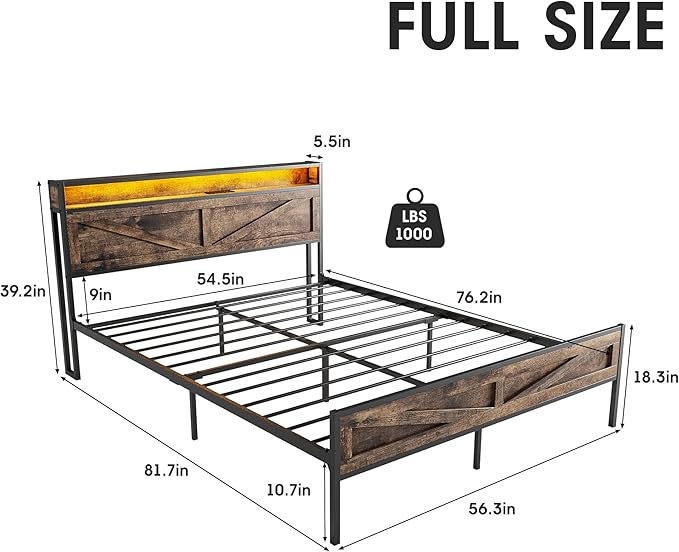 Vabches Full Size Bed Frame with Headboard and Charging Station, Brown Platform Bed Frame with Led Light, No Box Spring Needed, Noise Free Farmhouse Bedroom Set