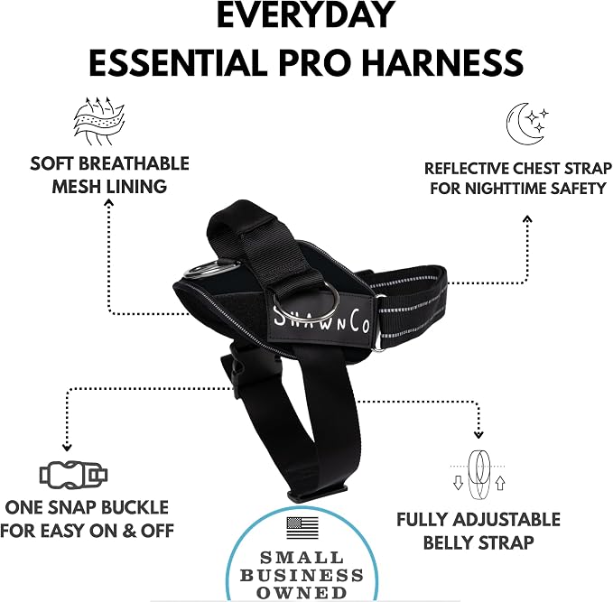 ShawnCo Essential Pro Dog Harness, No-Pull Pet Vest with 3 Leash Clips and Removable, Reflective Side Patches, Adjustable and Padded Harness for Small, Medium and Large Dogs (Midnight, S)