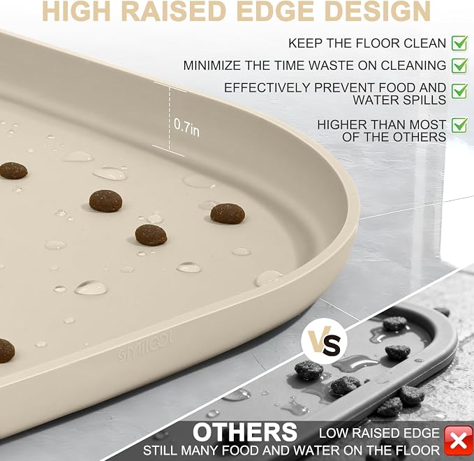 SMILOOL Waterproof Silicone Pet Food Mat with Raised Edge for Dog & Cat | 19" x 12" Non-Slip Pet Feeding Mats with Lip for Food & Water Bowl, Food Grade, Easy Cleaning, Beige
