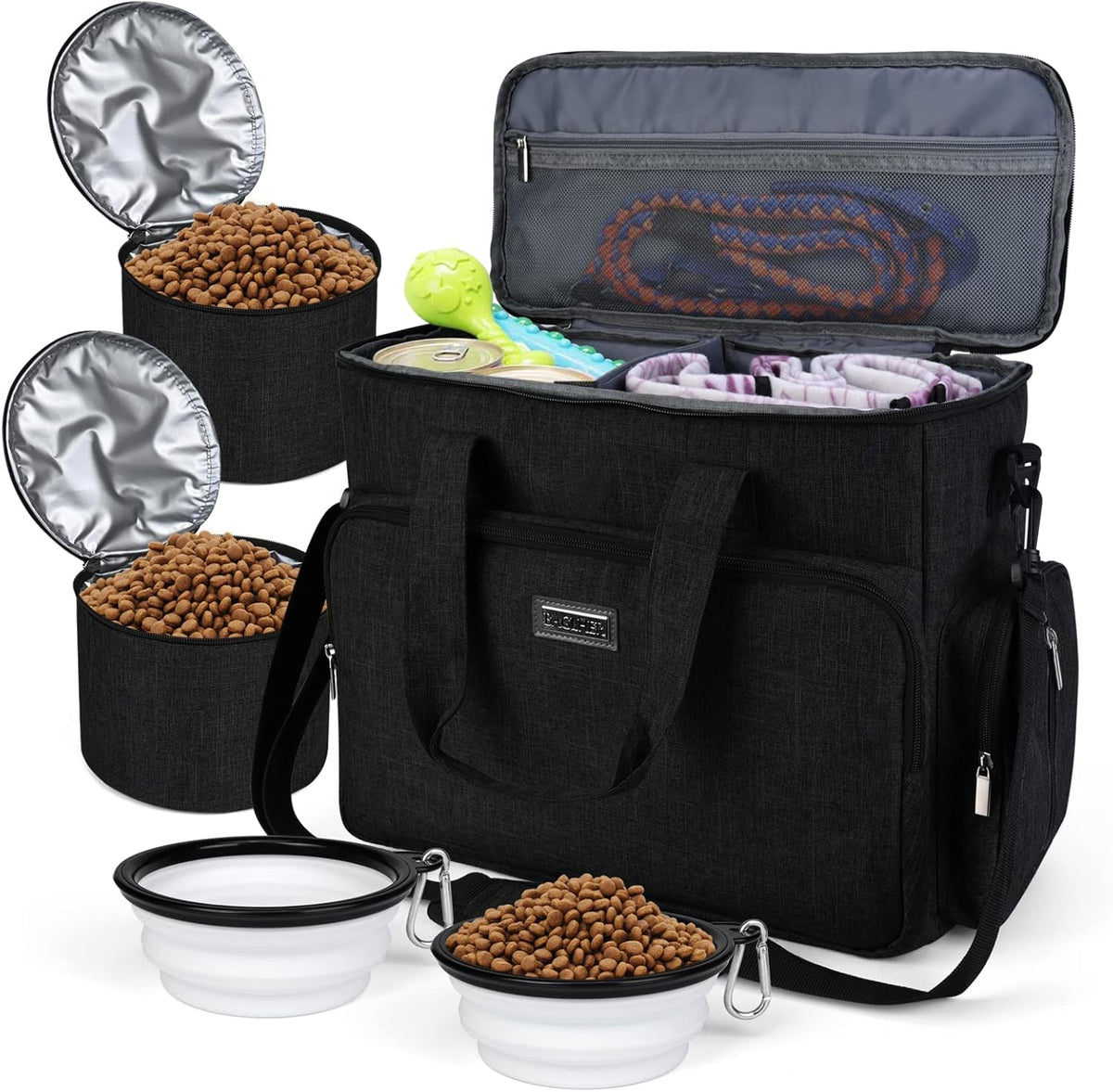 BAGLHER Dog Travel Bag, Airline Approved Pet Tote Organizer with Multi-Function Pockets, 2 X Food Storage Containers and 2 X Collapsible Dog Bowls, Perfect Weekend Pet Travel Set for Dog, Cat Black
