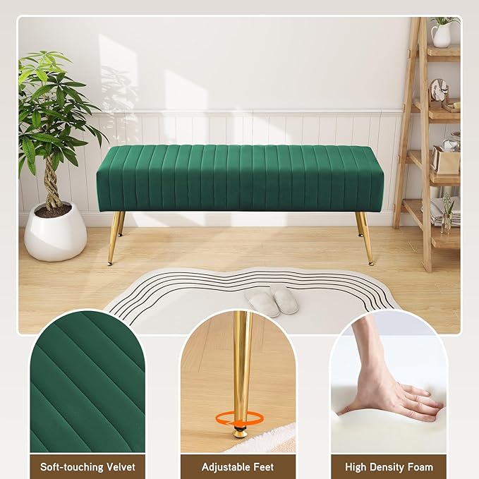 Furnimart 44 Inch Green Velvet Bench Ottoman Comfortable Footrest Stool Table Bench Dining Bench Tufting Bench Indoor Bench with Gold Legs for Living Room Bedroom Entryway (Velvet-Green)