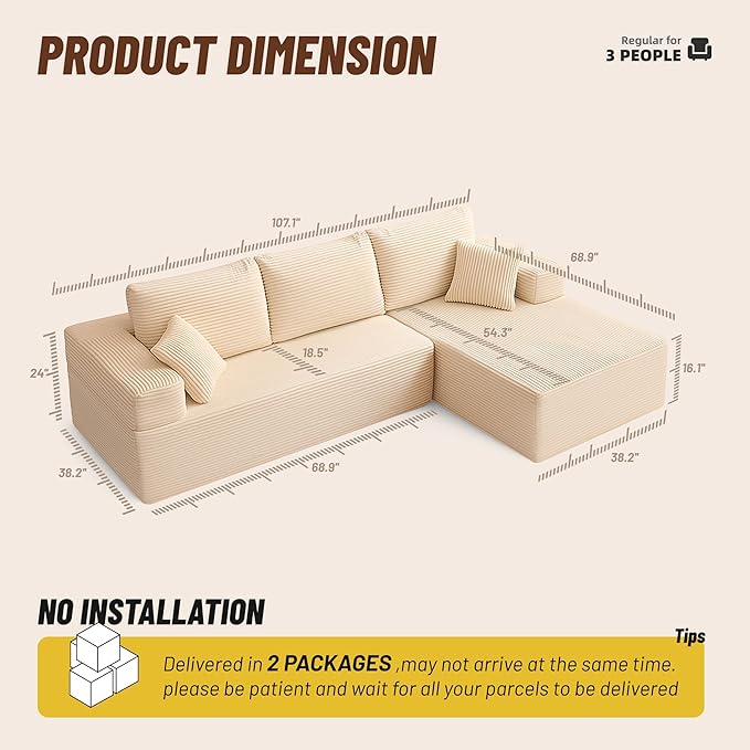 107" Boneless Couch with Deep Seat, Modular Sectional Sofa, Cloud Sectional Couch for Living Room, No Assembly Required, Corduroy, L-Shape Right?White