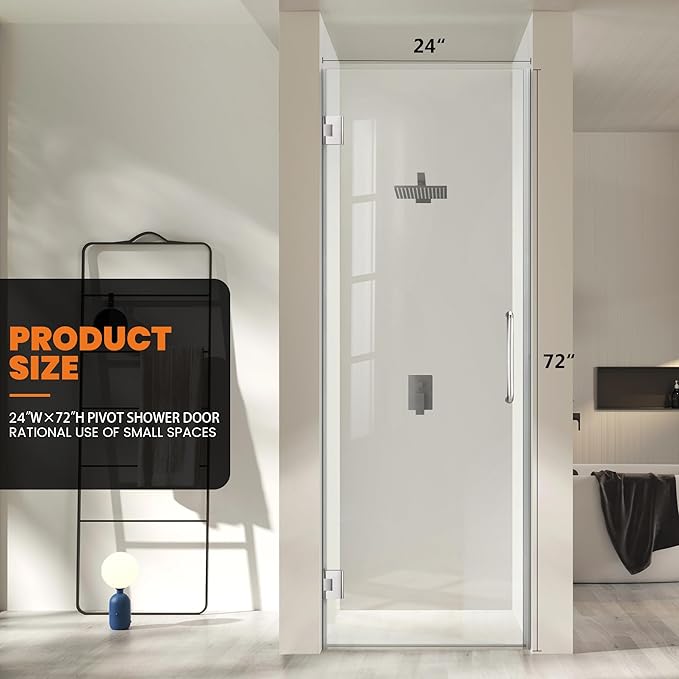 Bathroom Frameless Shower Door 24" W*72" H, 5/16" Clear Tempered Glass Hinged