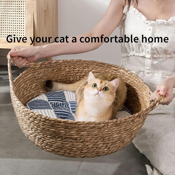 Cat Bed, Straw Woven Cat Baskets Bed, Round Wicker Cat Basket Nest, Non-Slip Cozy Kitten Bed for Cats Small Dog (with Cushion,Medium)