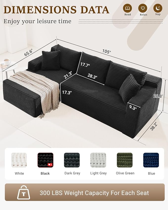105 Inch Cloud Sectional Couch,Modern Modular Sectional Sofa with Deep Seat,Corduroy Boneless Couches with L-Shape Chaise for Living Room Bedroom,No Assembly Required (Black, Left Facing Chaise)