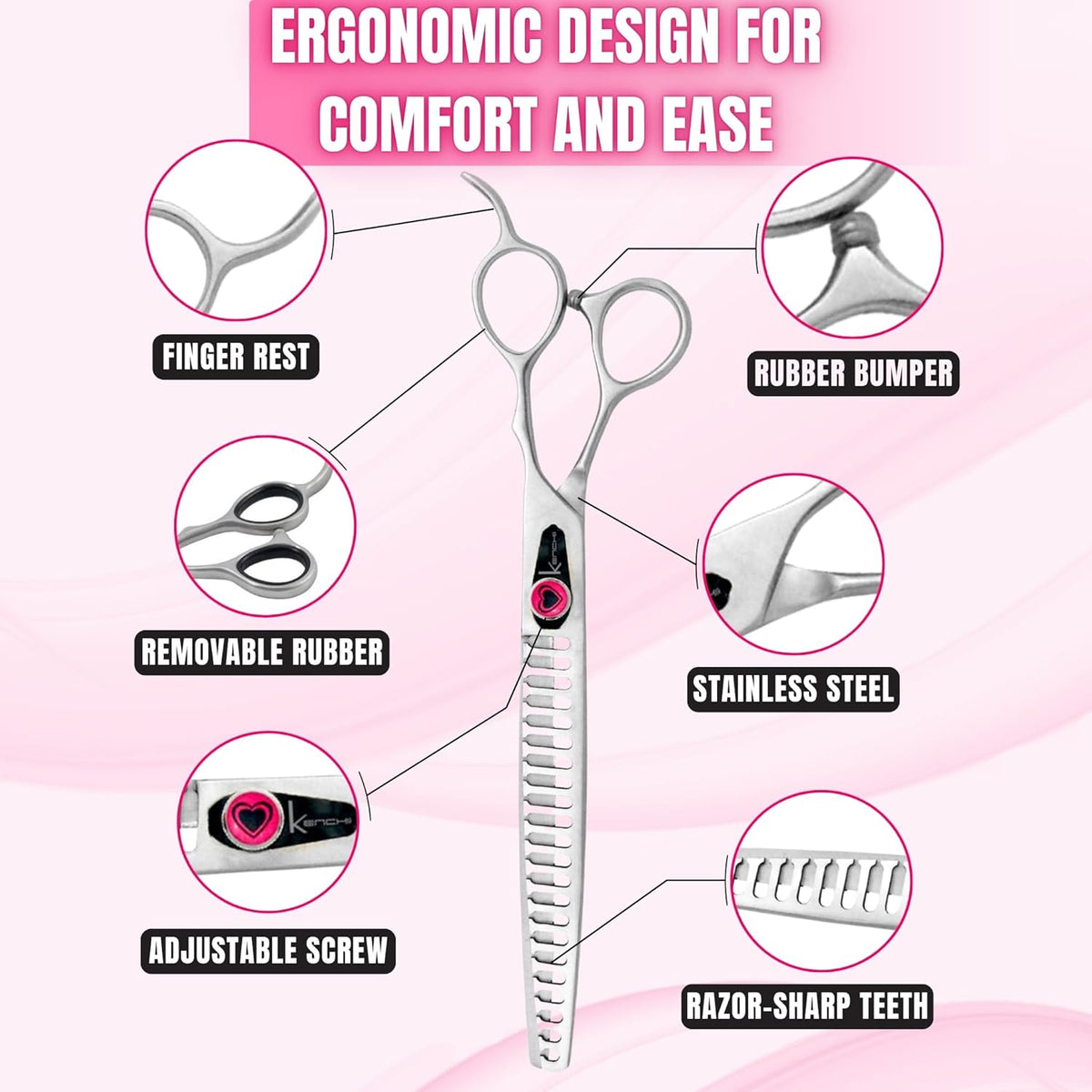 Kenchii Love Dog Grooming Scissors, 22 Tooth Blender Shears, Dog Scissors for Grooming, Professional Pet Grooming Scissors, Heavy Duty, Durable and Sharp