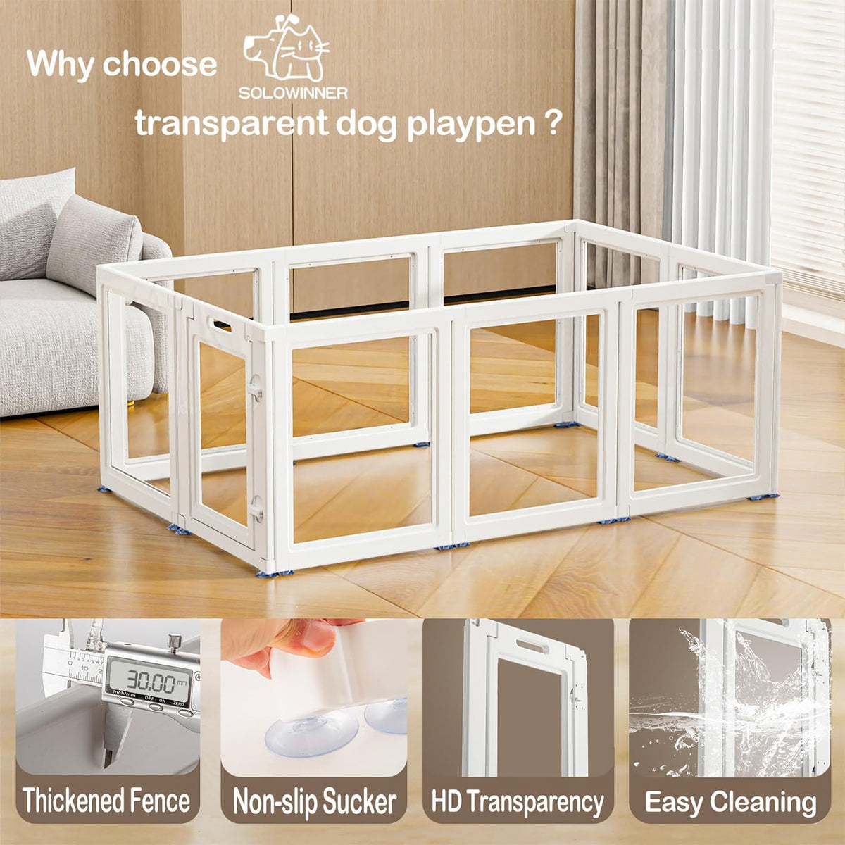 Clear Acrylic Dog Playpen Transparent Dog Playpen Indoor, Easy Assemble Clear Pet Pen for Puppy Bunny Cat Pig, Sturdy & Easy Cleaning Plastic Dog Puppy Fence (30" H, 10PCS)