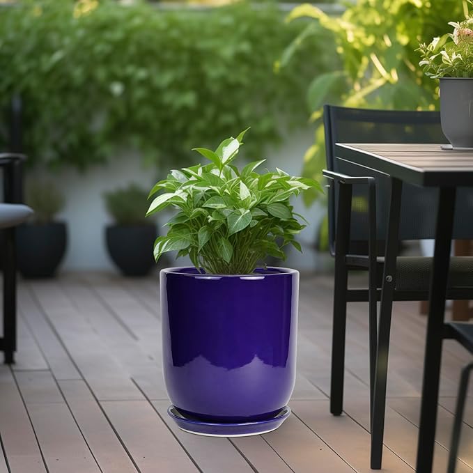 10 Inch Plant Pot - Ceramic Pot for Indoor Plants Large Planter Modern Outdoor Flower Pot with Drainage Hole and Saucer for Home Patio Decor Blue