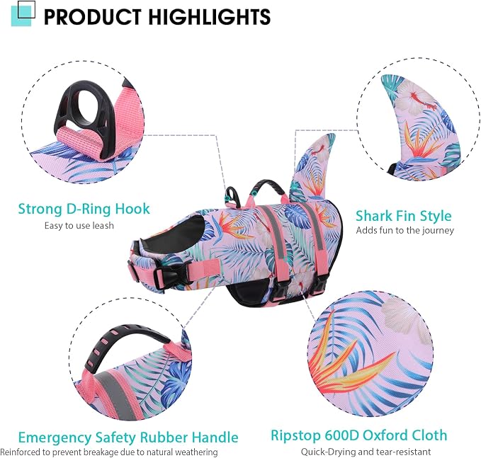 Shark Dog Life Vest for Swimming, Pet Life Vests for Boating, High Buoyant DogLife Jacket, Ripstop High Flotation Swimsui for Small, Medium, Large Dogs (HawaiiPink,L)