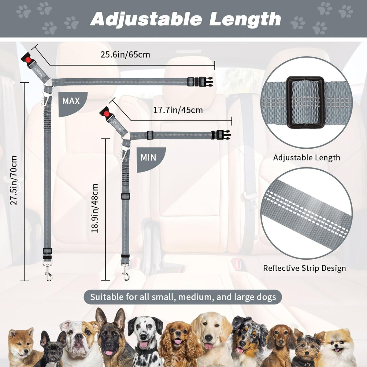 BWOGUE Pet Dog Cat Seat Belt Reflective Car Dog Headrest Restraint Leash Elastic Buffer Bungee Adjustable Tangle-Free Safety Leads Vehicle Seatbelt Harness for Small, Medium and Large Dogs (1 Pack)