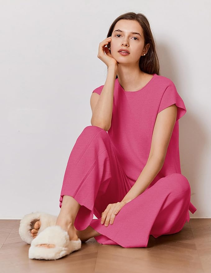Ekouaer Lounge Sets for Women Two Piece Outfits Knit Cap Sleeve Tops Wide Leg Pleated Pants Casual Dressy Sweater Sets